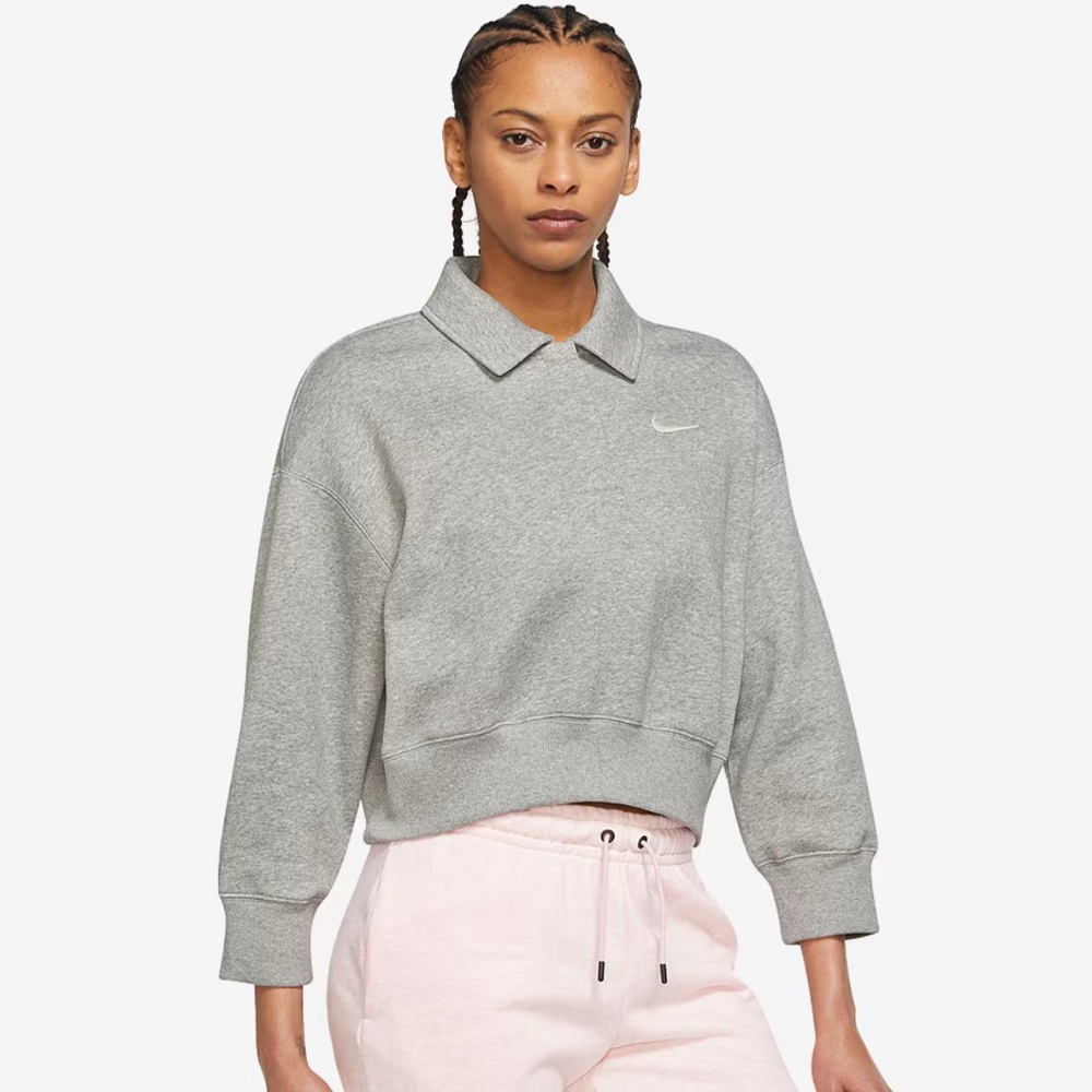 NWT NIKE SPORTSWEAR WOMENS PHOENIX FLEECE CROPPED POLO L Gray